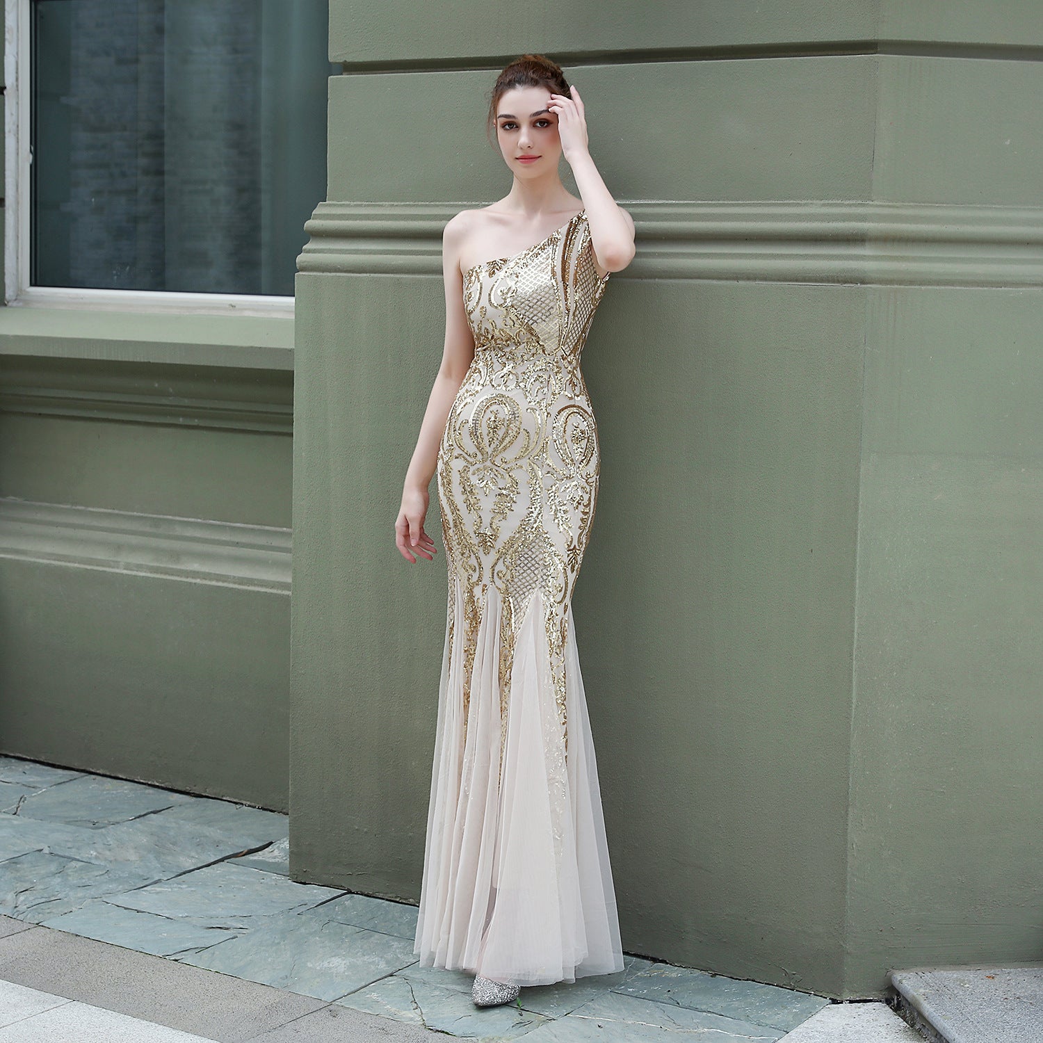 Luxury Sequin Mermail Women Formal Party Evening Dress Sexy Slash Shoulder Long Slim Bridal Gown 8