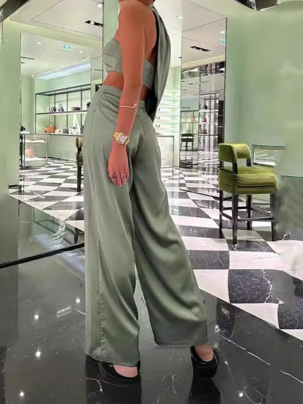 Women Elegant Halter Neck Slash Shoulder Strapless Sexy Crop Top and Wide Leg Pants Two-piece Set 3