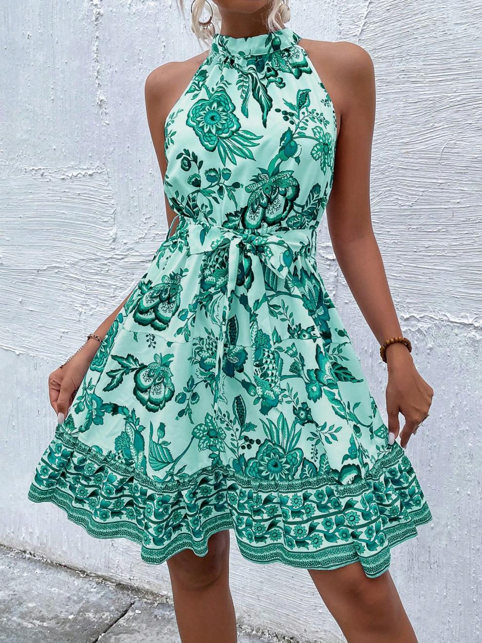 Women Floral Halter Neck Sleeveless Dress 5