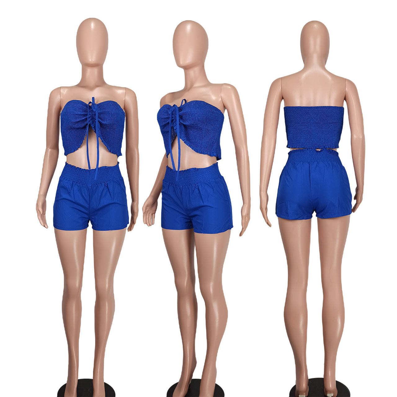 Women Sexy Off Shoulder Drawstring Crop Top and Shorts Two-Piece Set 15