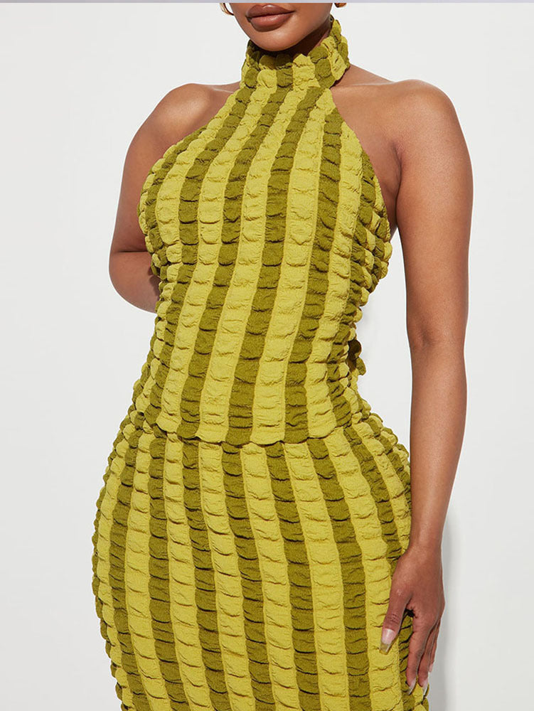 Women's Summer Halter Neck Low Back Crop Top and Skirt Two Piece Set 5