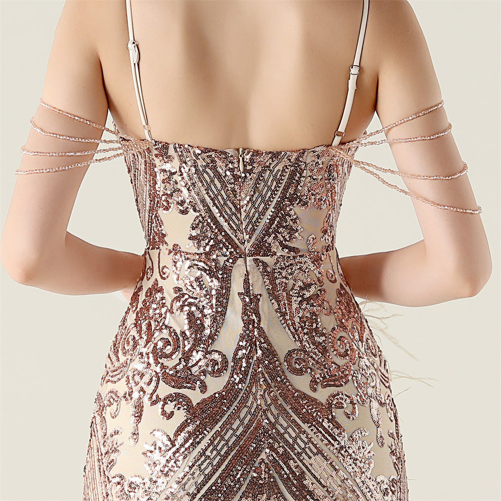 Women Beaded Feather Decoration Beaded Fishtail Evening Dress 32