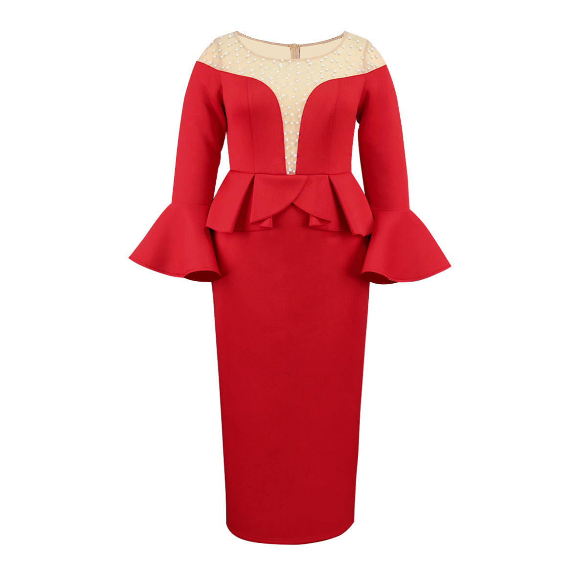 Round Neck See-Through Beaded Flare Sleeve Sexy Peplum Dress 6