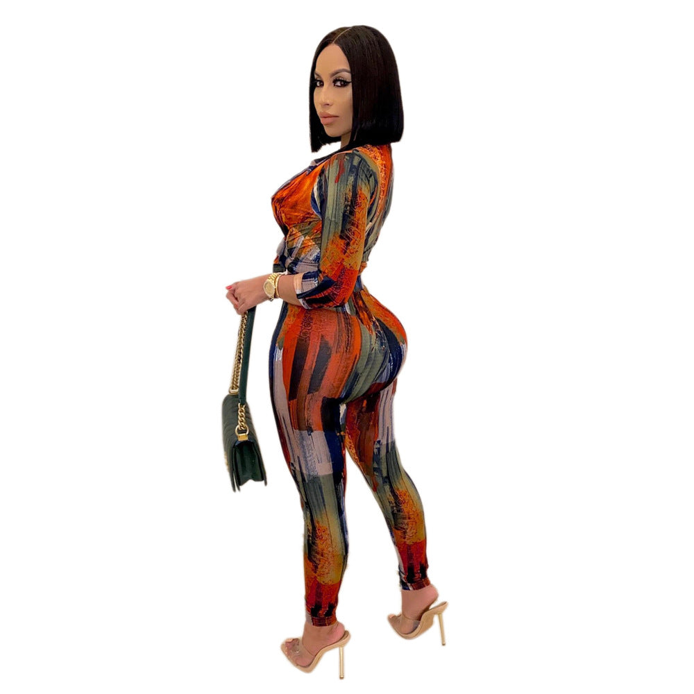 Women Turndown Collar Long Sleeve Printed Casual Two-piece Set 8