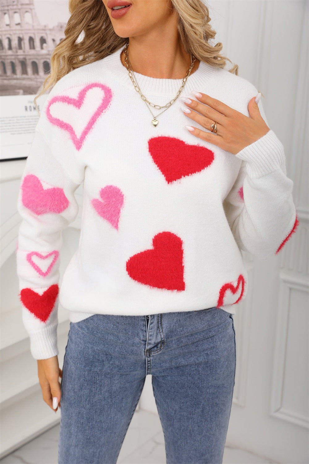 Spring Sweater Heart Print Valentine's Day Sweater Round Neck Knit Pullover Top