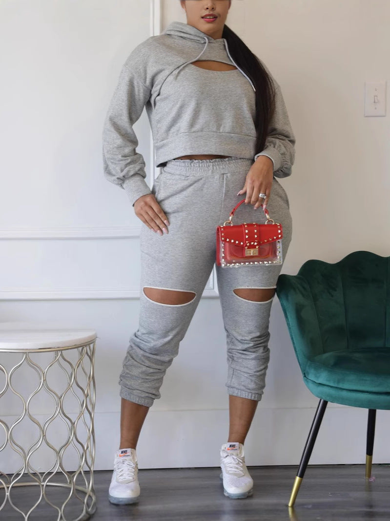 Women's Solid Color Hong Sleeve Hollow Hoodies Sweatpants Two-Piece Set