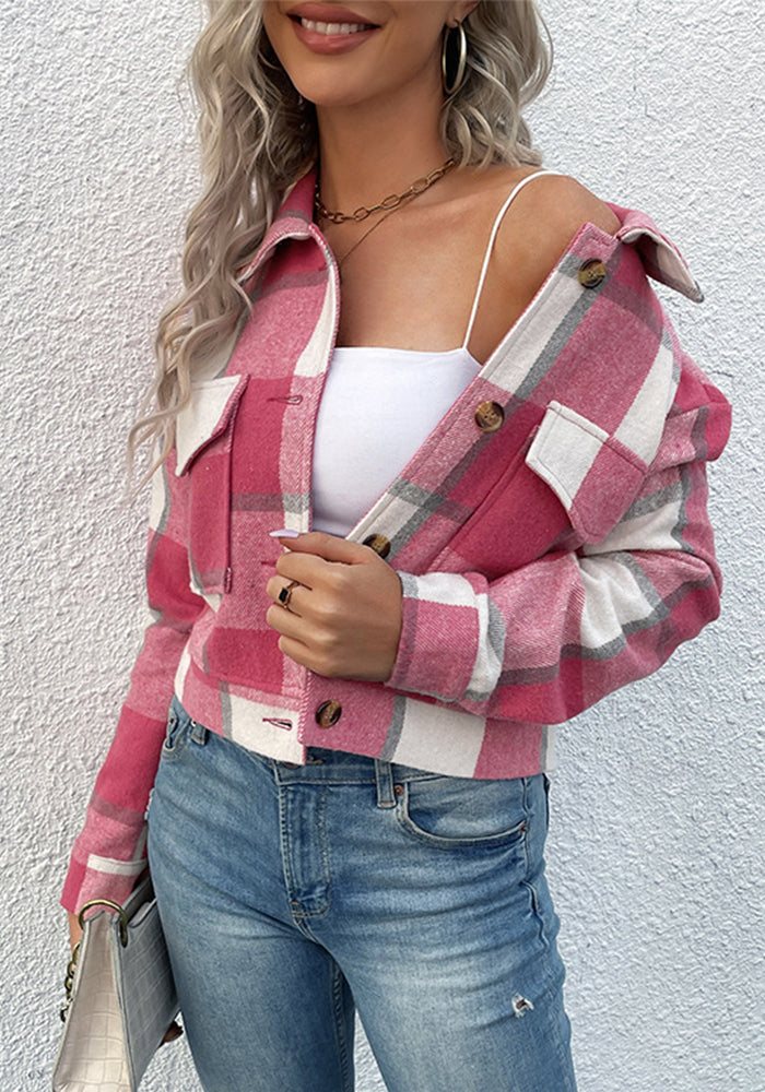 Women Autumn Crop Plaid Cardigan Shirt Vintage Jacket Coat
