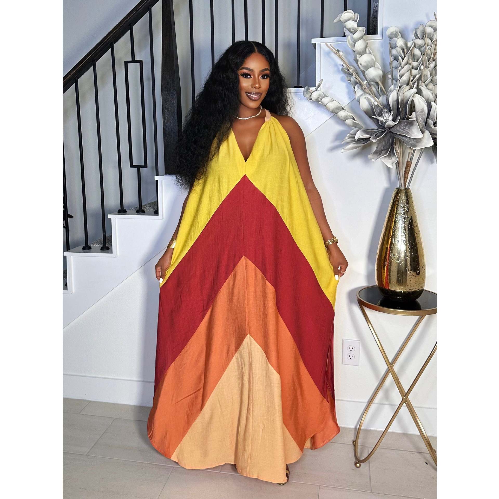 Women Summer V-Neck Long Contrast Sleeveless Holidays Dress 4