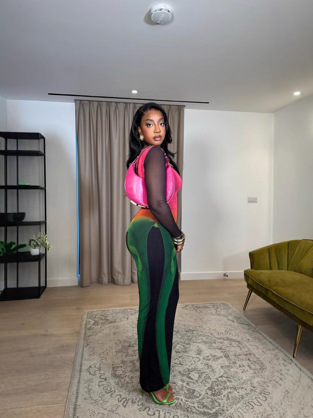 Women double mesh elegant long sleeve dress