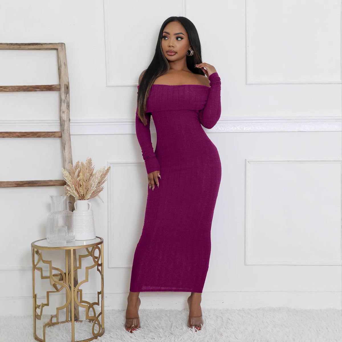 Women Off Shoulder Long Sleeve Elegant Formal Party Dress 8