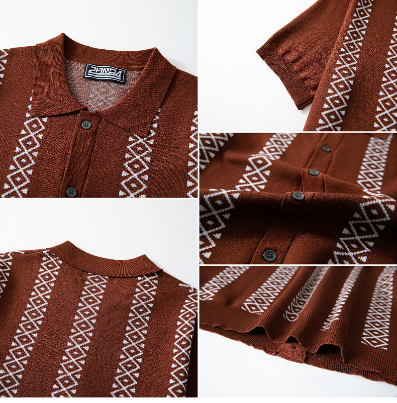 Men's Summer Striped Jacquard Knitting Short Sleeve Polo Top 15