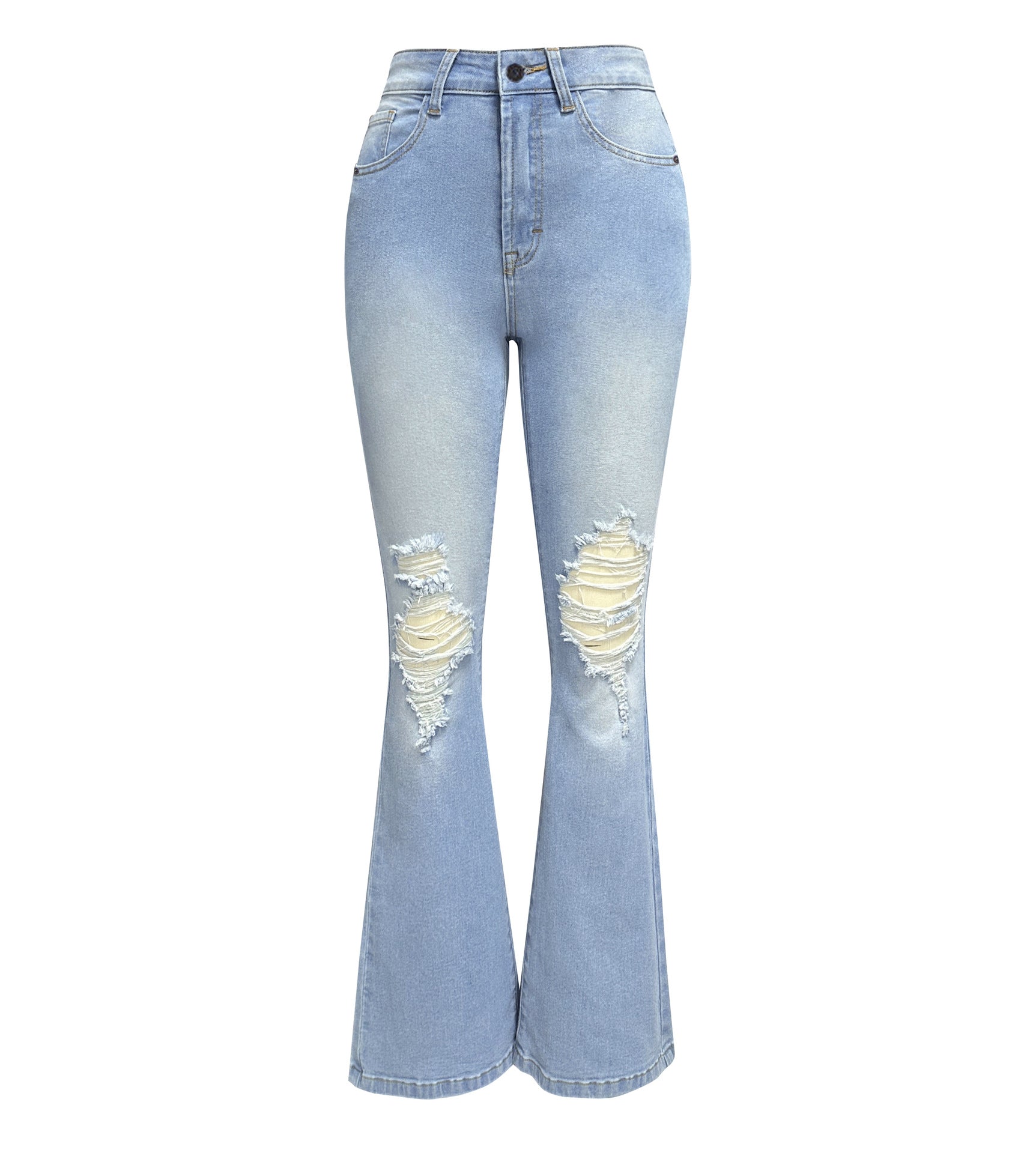 Women High Waist Ripped Denim Bell Bottom Pants 9