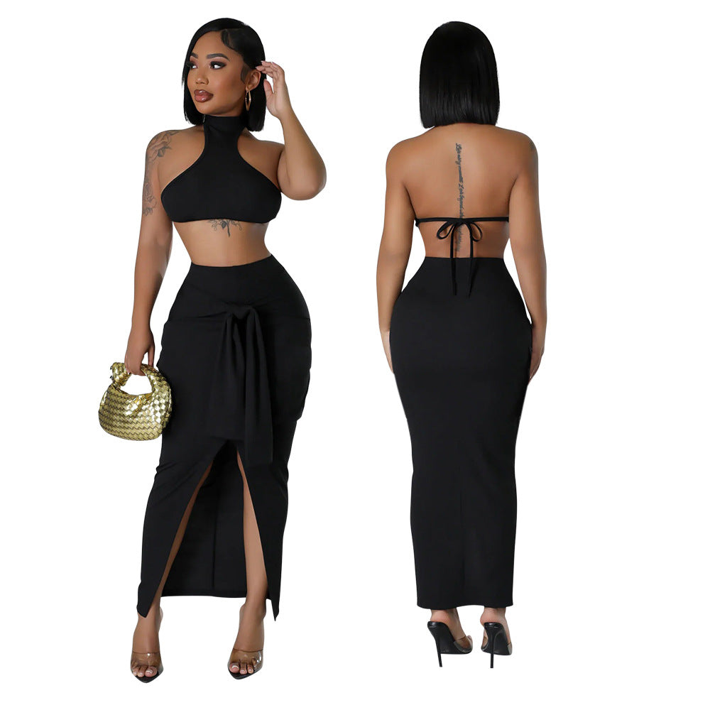 Fashion casual summer solid color sleeveless halter backless two piece skirt set