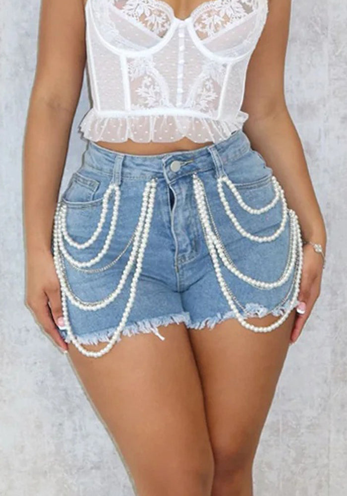 Summer Women Street Pearl Rhinestone Denim Shorts