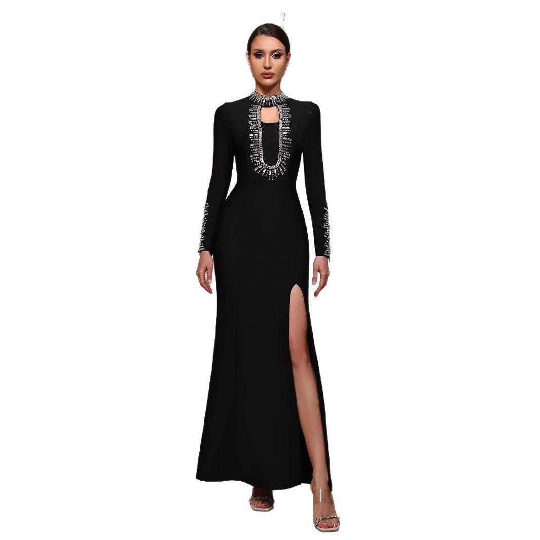 Women Black Long Sleeve Beaded Split Bandage Party Dance Evening Dress 6