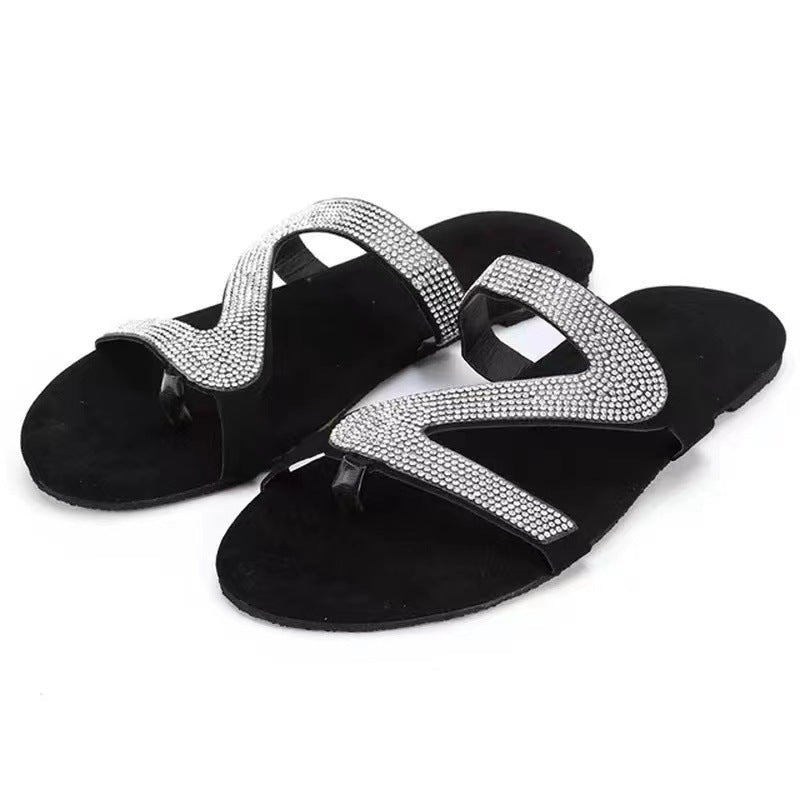 Plus Size Flat Sandal Flip flops Z-line Rhinestone Clip Toe Casual Outdoor Wear Beach Women's Shoe 7