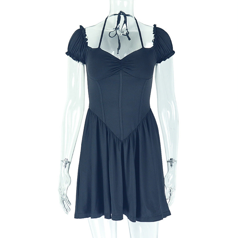 Women's Elegant Chic Solid Slim-Waist Pleated Halter Neck V-Neck Short Dress 6