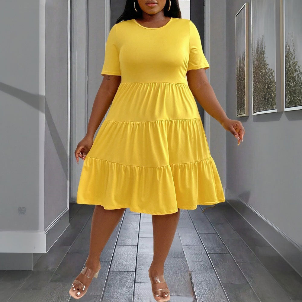 Spring And Summer Plus Size Women's Yellow Loose Short Sleeve Mid-Length Casual Dress 7