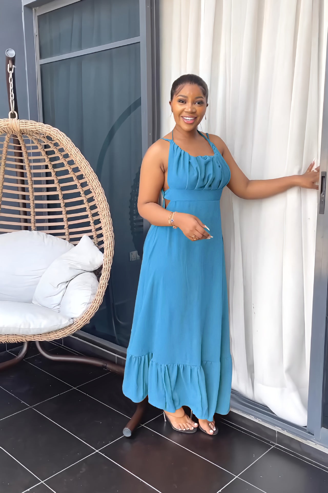 Women Sexy Backless Strappy Elegant Ruffle Dress 5