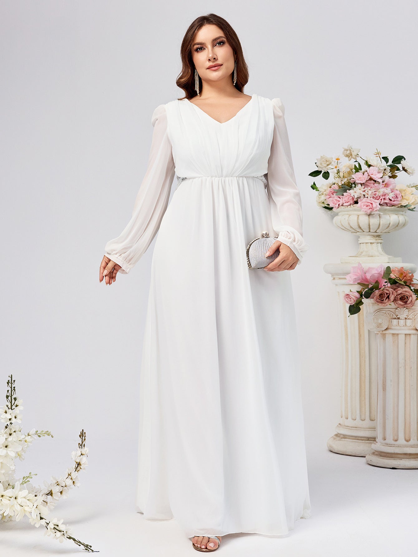 Plus Size Women Chiffon Long Sleeve V Neck Formal Party Dress 7