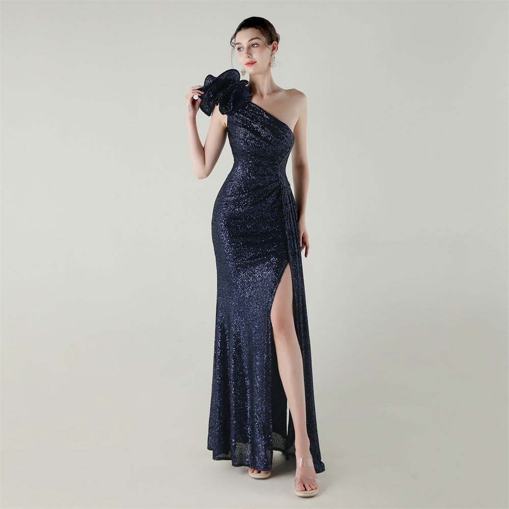 Women one-shoulder sequined flower beaded fishtail evening dress 22