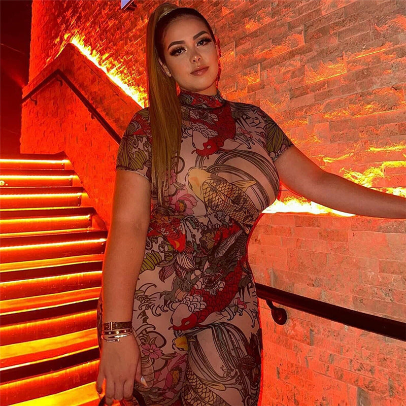 Summer Women sexy backless print see-through mesh jumpsuit 5