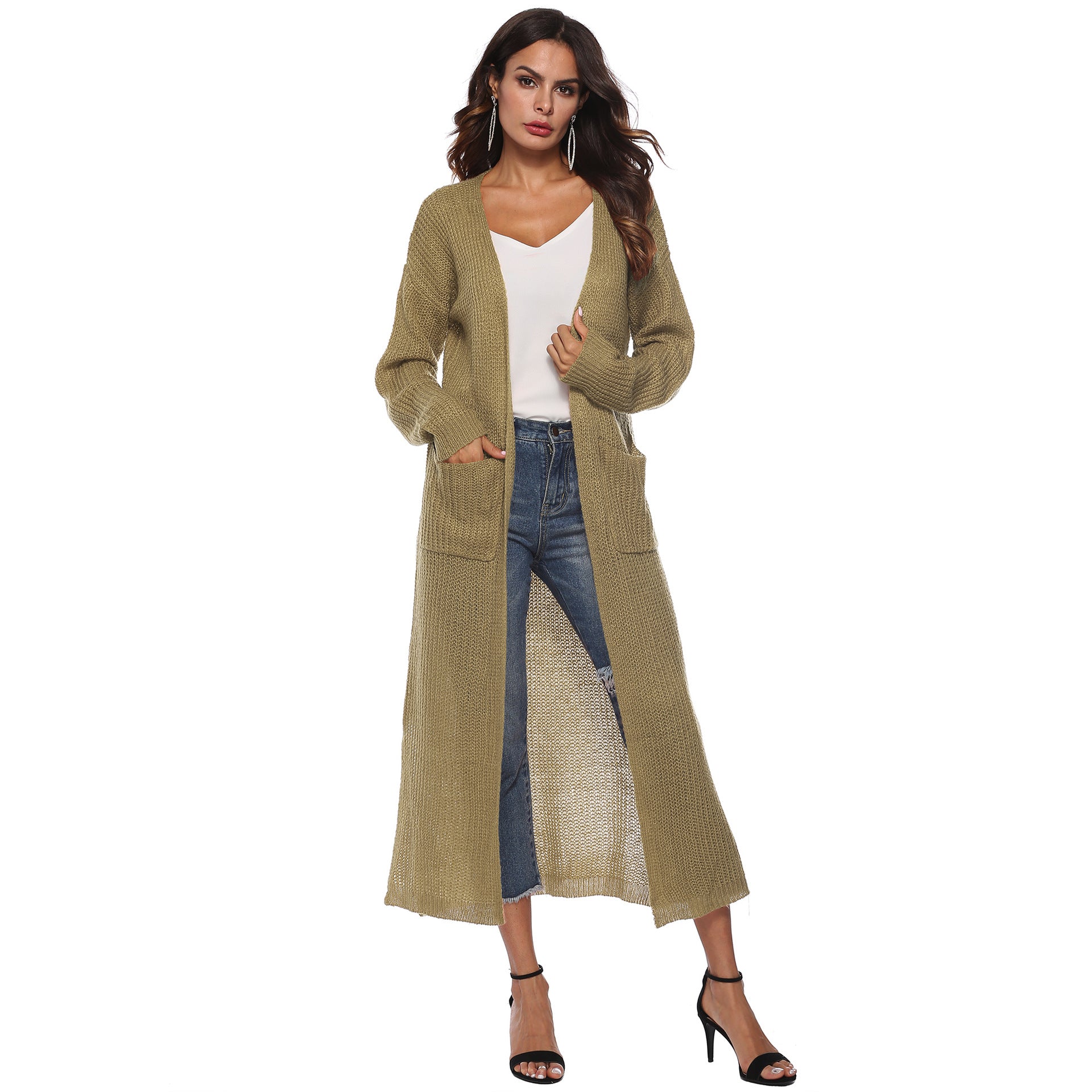 Women thin long coat with large pockets and slits 4