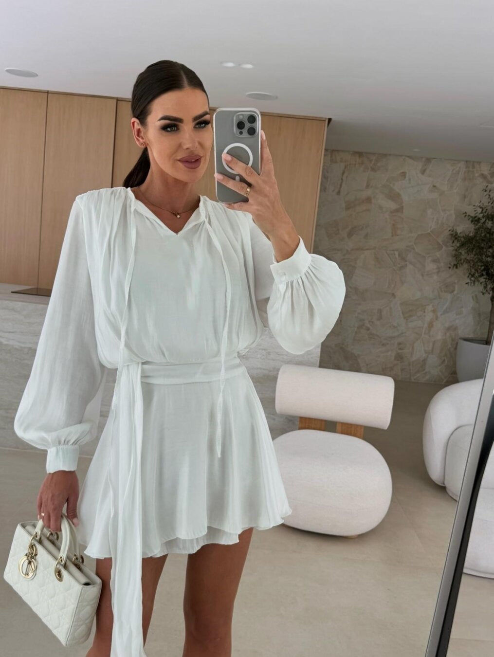 Women solid long sleeve v-neck lace casual dress 9