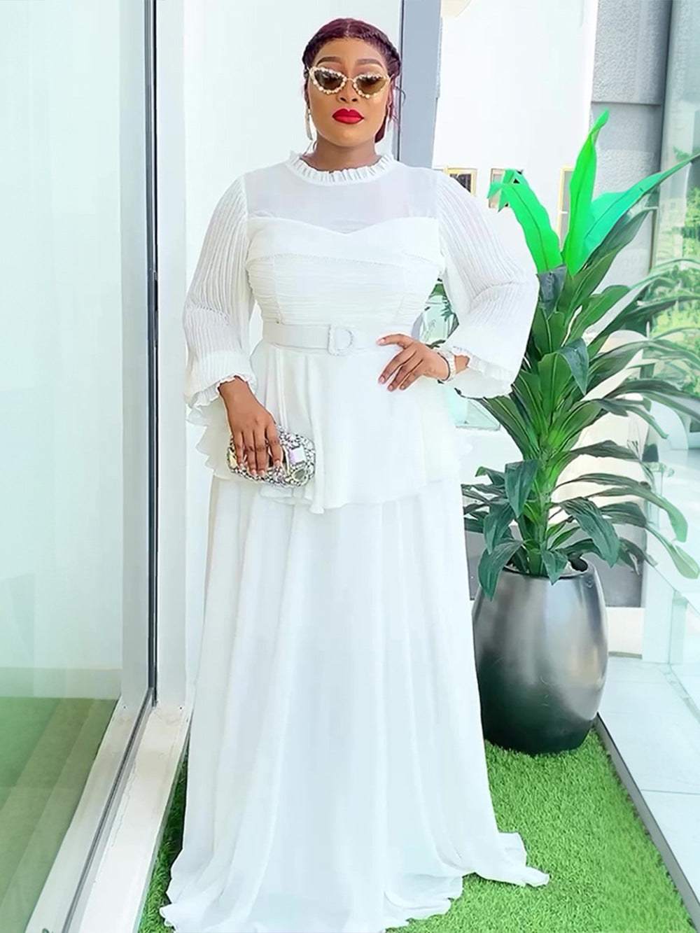 Plus Size African Women ruffle patchwork pleated long-sleeved dress 6