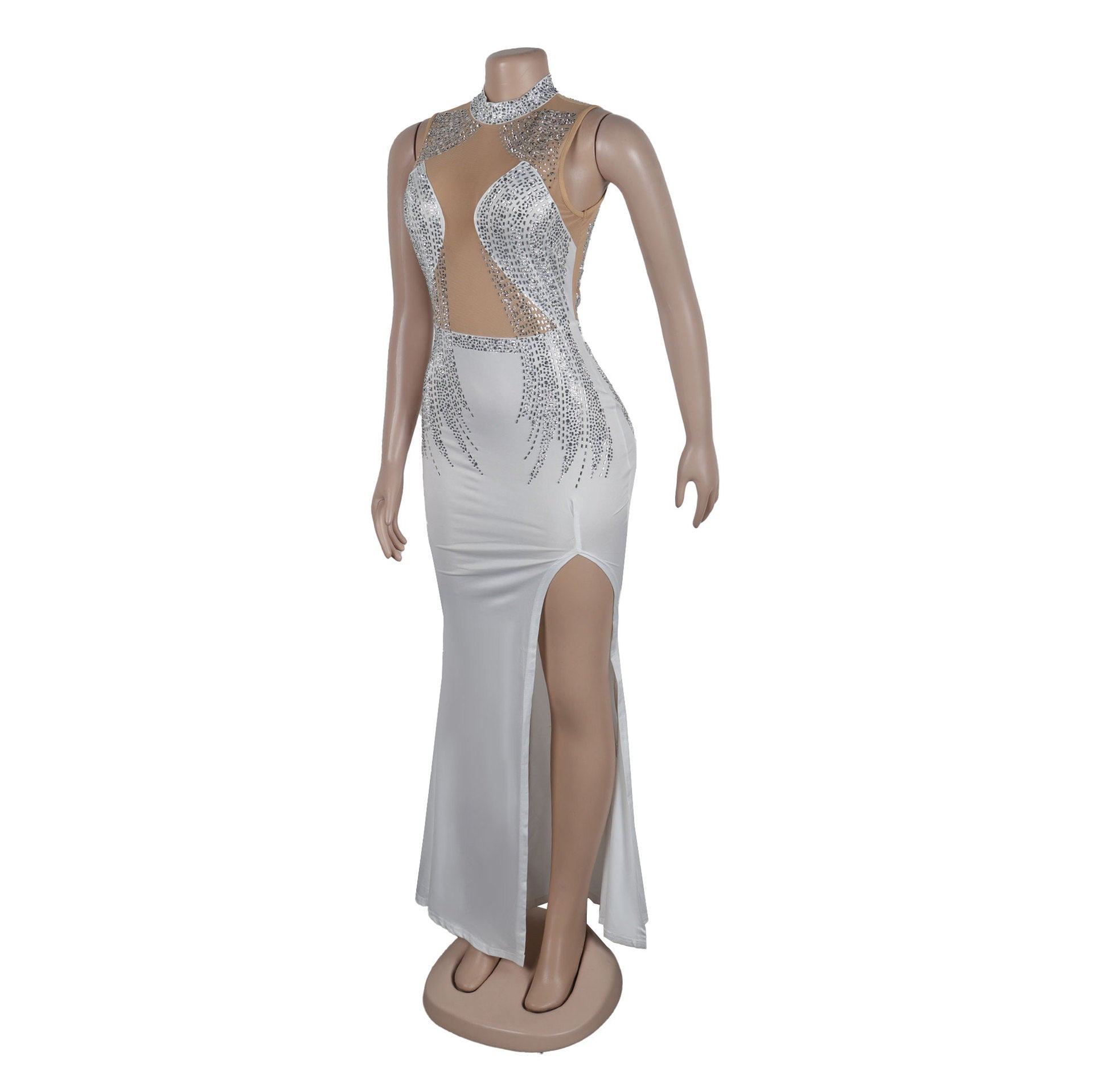 Women Beaded Mesh See-Through Patchwork Sleeveless Slit Dress 21