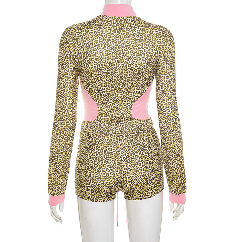 Women's Leopard Print Color Block Long Sleeve Zipper Coat Drawstring Shorts Two-Piece Set 21