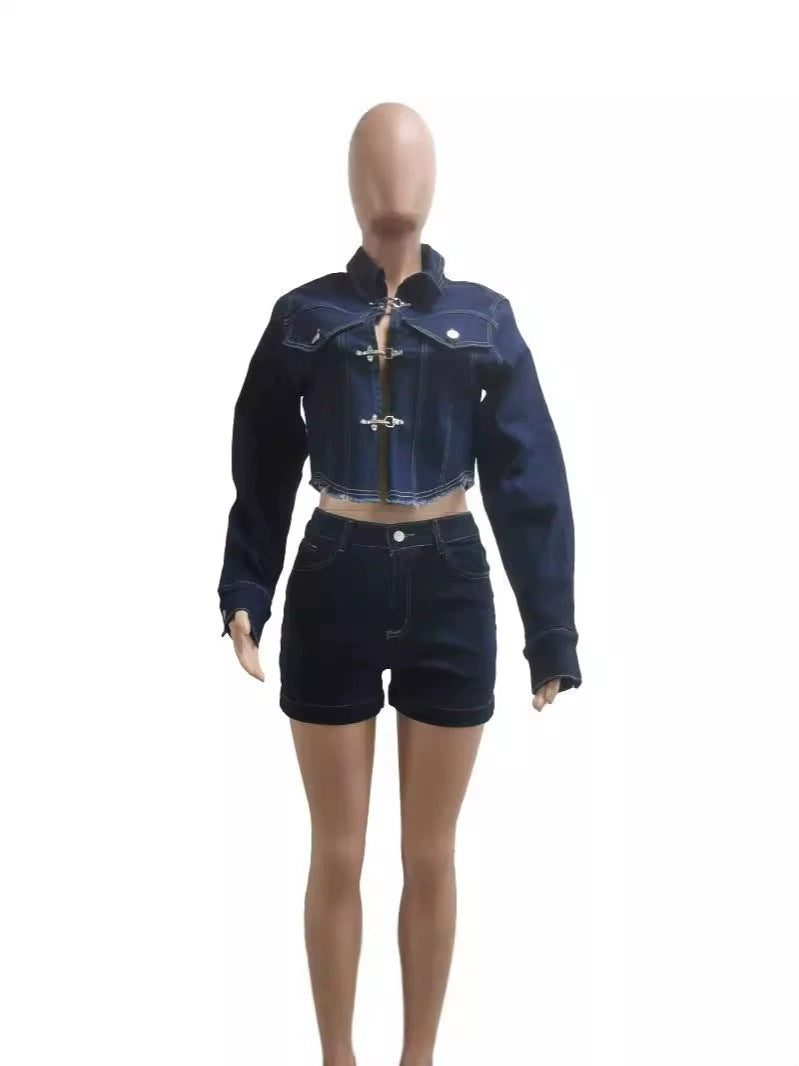 Casual Stretch Denim Long Sleeve Jacket & Shorts 2-Piece Set 3