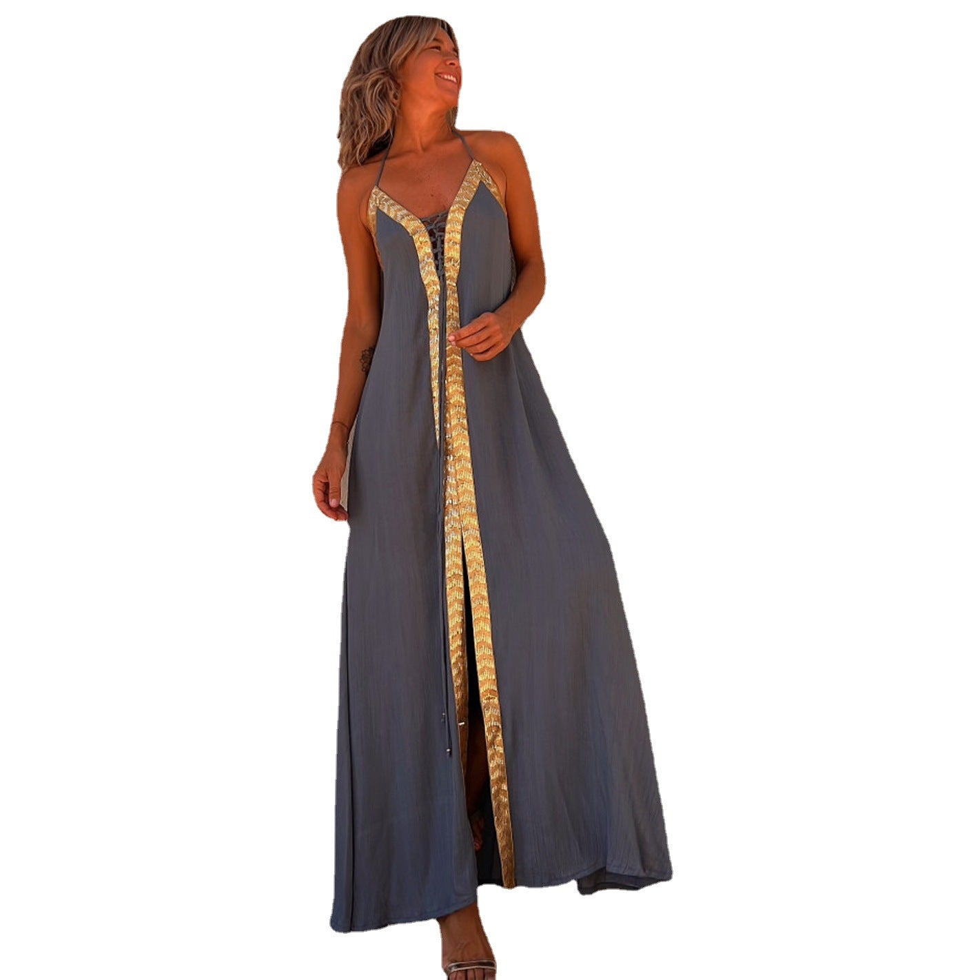 Spring Summer Lace Halter Neck Casual Loose Holidays Swing Dress 11