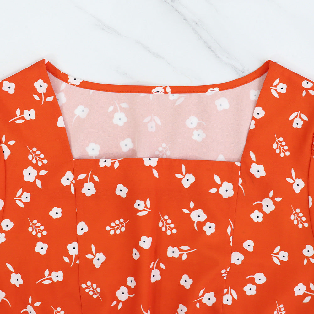 Women Square Neck Puff Sleeve Floral Dress 7
