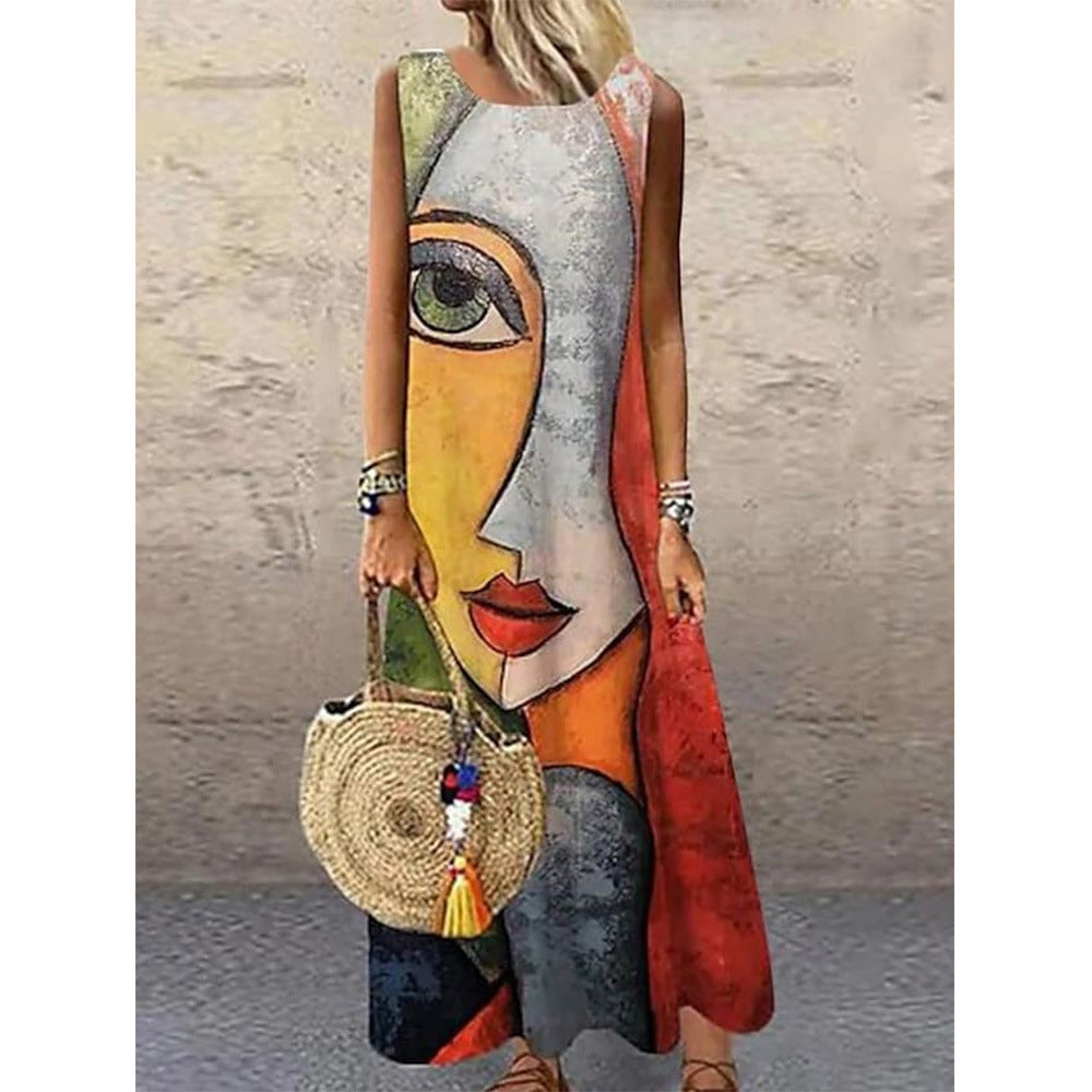 Women Vintage Print Sleeveless Round Neck Maxi Dress 7
