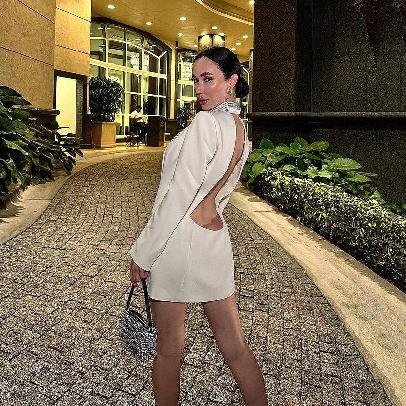 Fashion Low Back Beaded V-Neck Blazer Dress 5