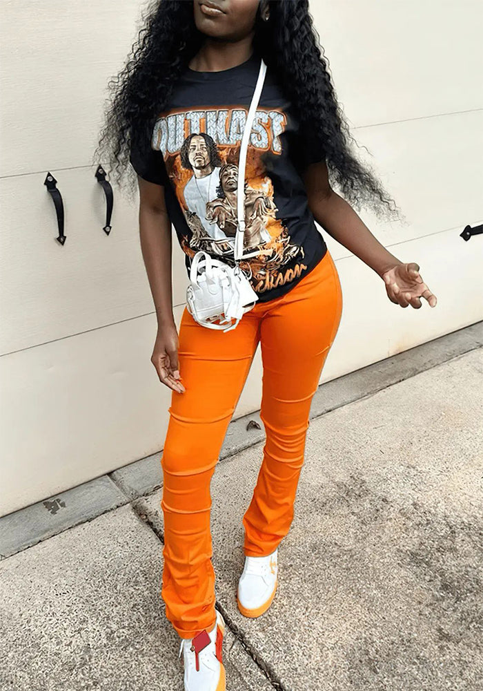 Women's Printed Short Sleeve Round Neck Two Piece Pants Set