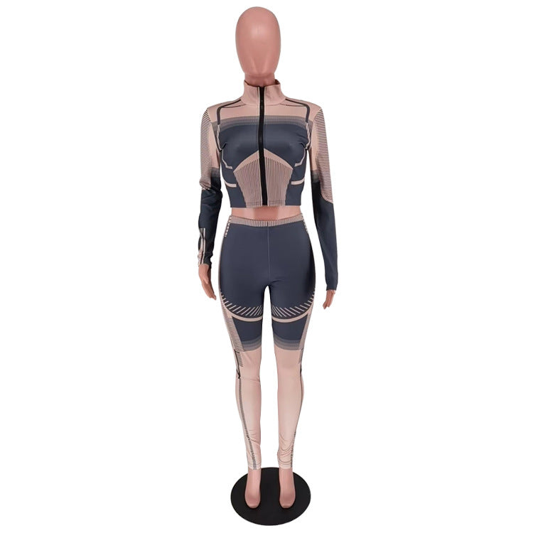 Women's Autumn And Winter Irregular Printed Long Sleeve Tight Fitting Sports Two Piece Pants Set 17