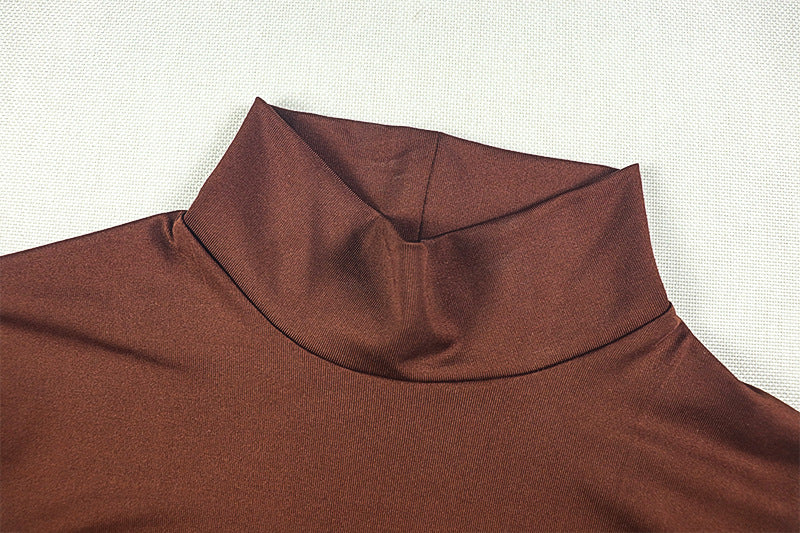 Women Slash Solid Pleated Elegant Turtleneck Long Sleeve Bodycon Dress 14