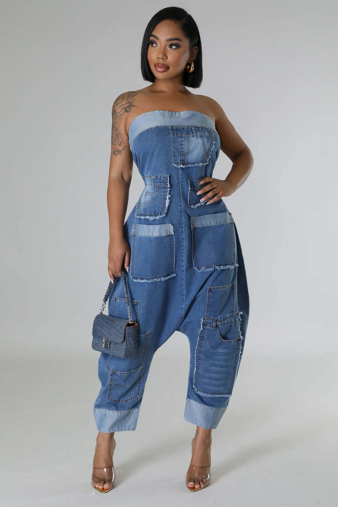 Denim Cargo Multi-Pocket Patchwork Loose Strapless Jumpsuit