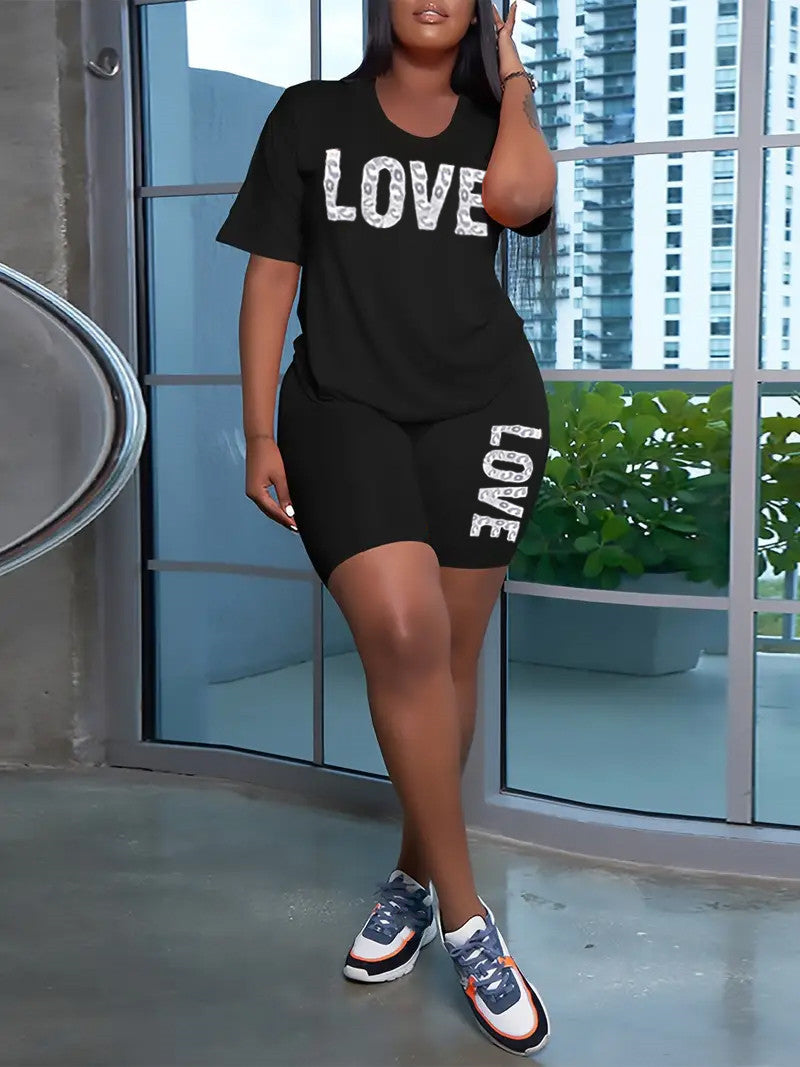 Summer Women's Round Neck Letter Short Sleeve Shorts Solid Color Shorts Set 6