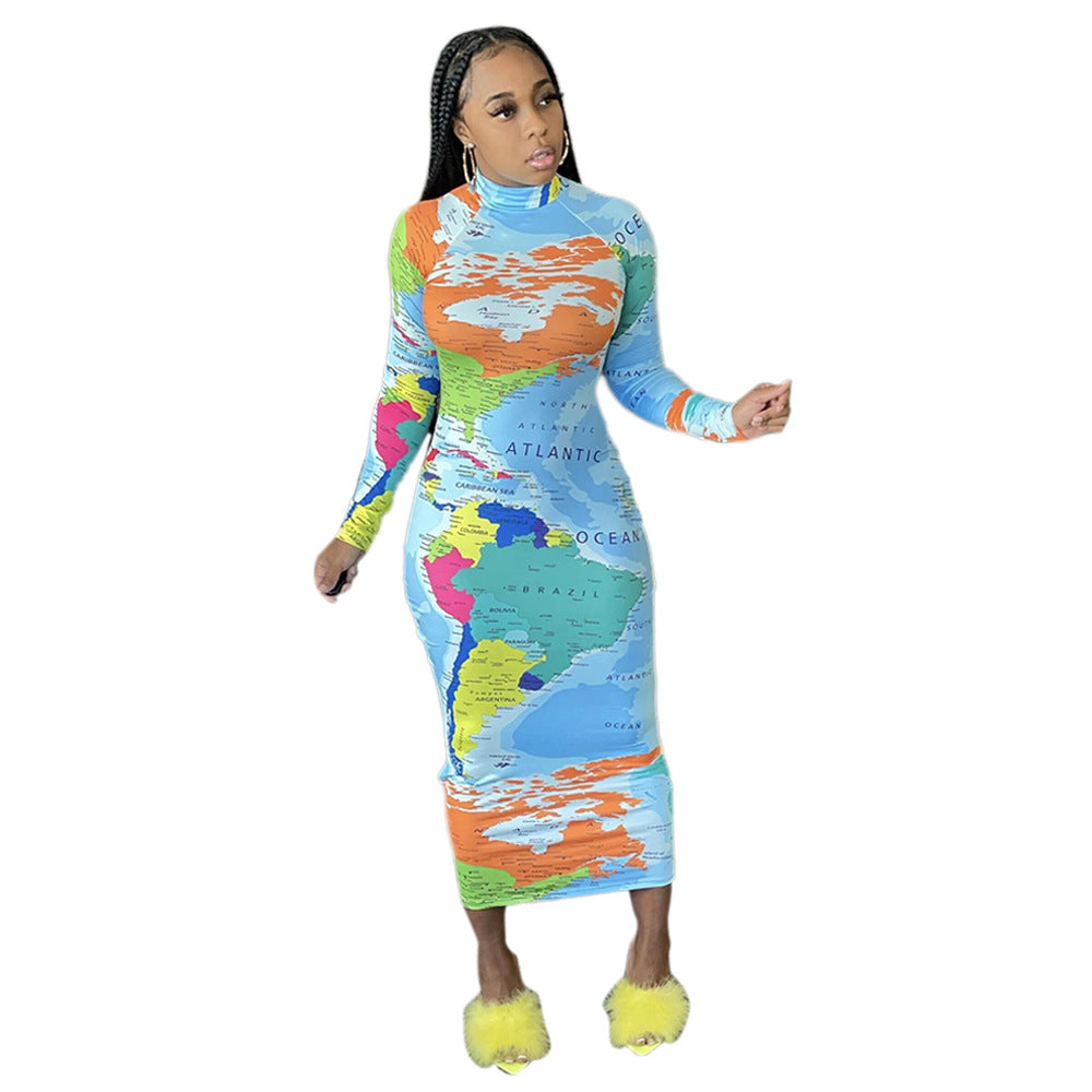 High Neck Long Sleeve Printed Long Dress Fashionable Women's Dress 7