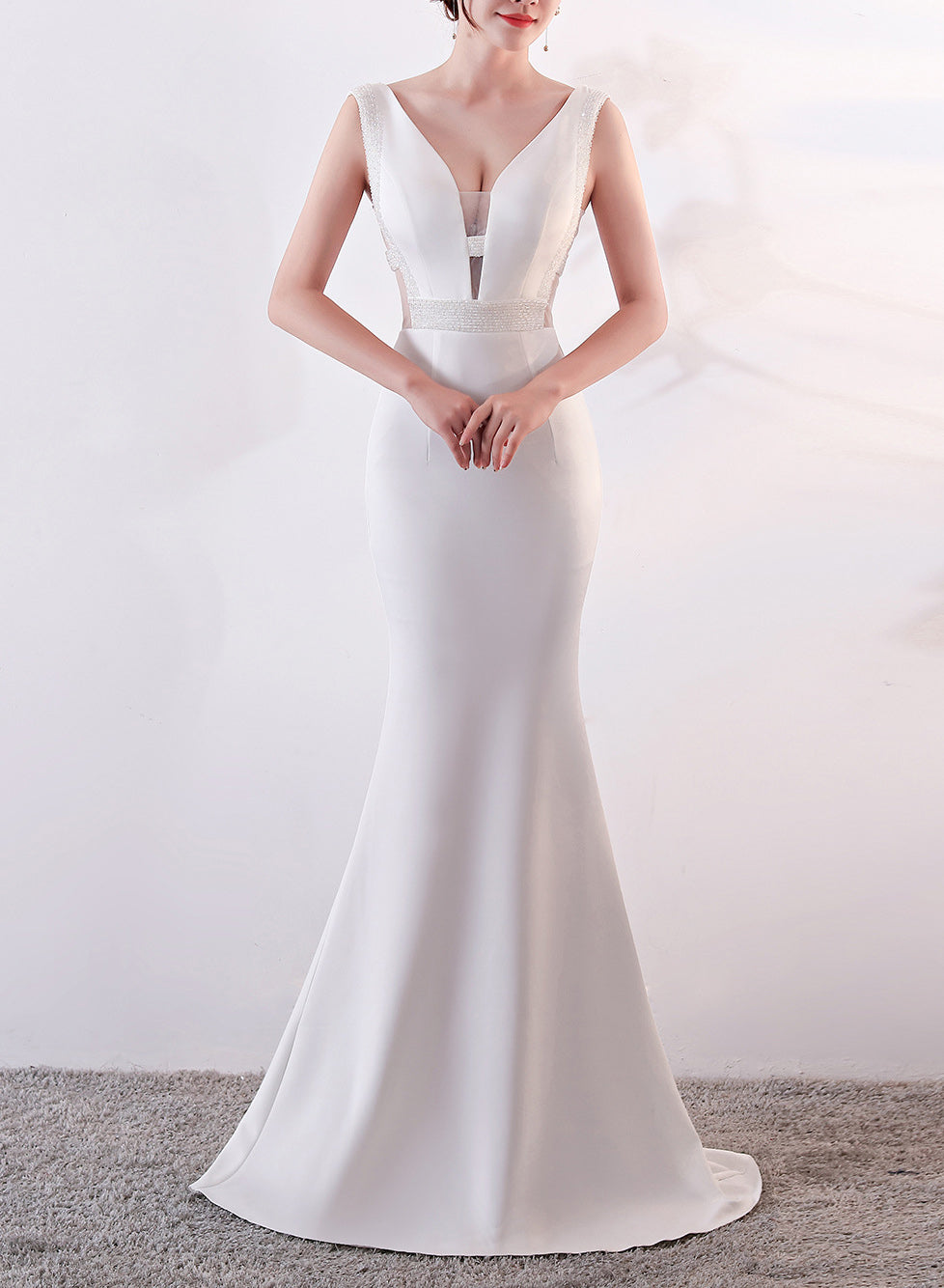 Women Elegant V Neck Slim Formal Party Maxi Mermaid Evening Dress 3