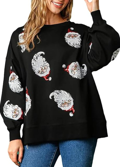 Autumn And Winter Christmas Round Neck Loose Sequin Women T-Shirt 8