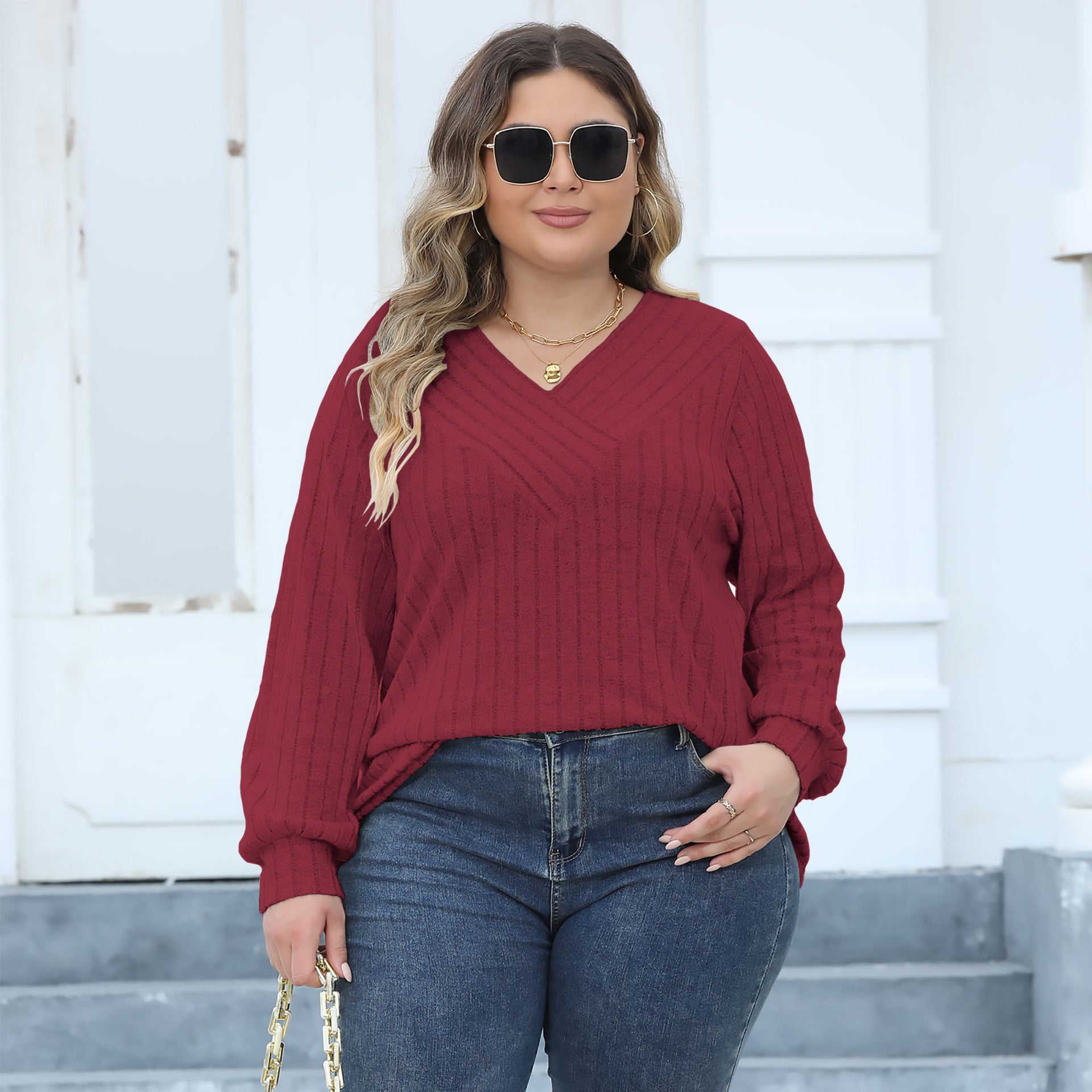 Plus Size Women Ribbed V-Neck Crossover Basic T-Shirt 12