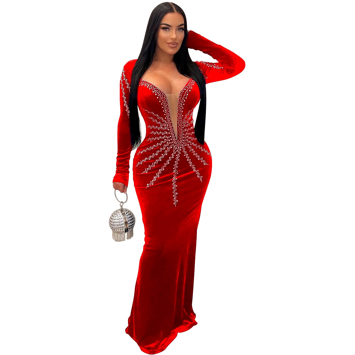 Women Solid Sexy Beaded Long Sleeve Dress 12