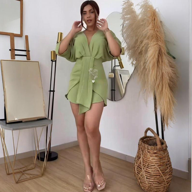 Women summer solid v-neck lace dress