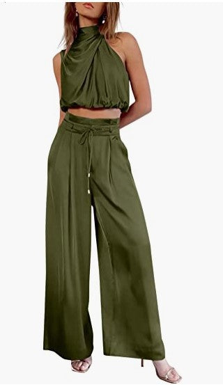 Women Summer Casual Sleeveless Crop Top Wide-leg Pants Two Piece Set 3