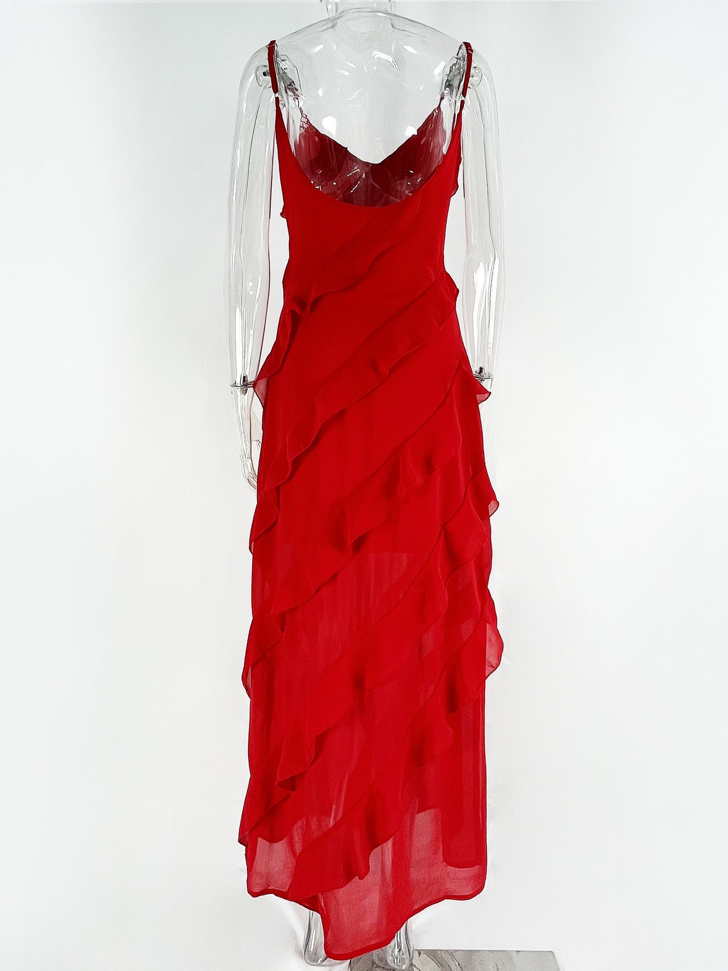 Women chiffon suspender backless slit ruffle evening dress 11