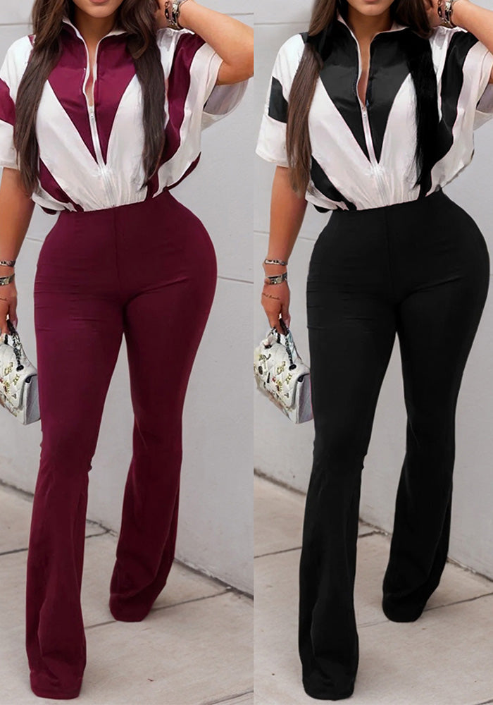 Summer Women's Casual Zipper Patchwork Contrast Jumpsuit